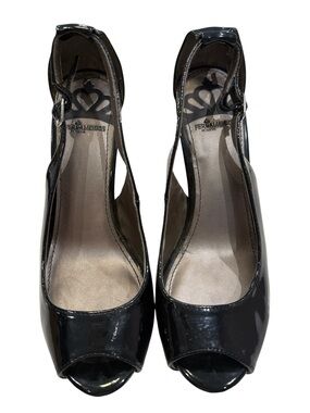 Fergus Black Patent Peep-Toe Ankle-Strap Heels with Cutout Sides